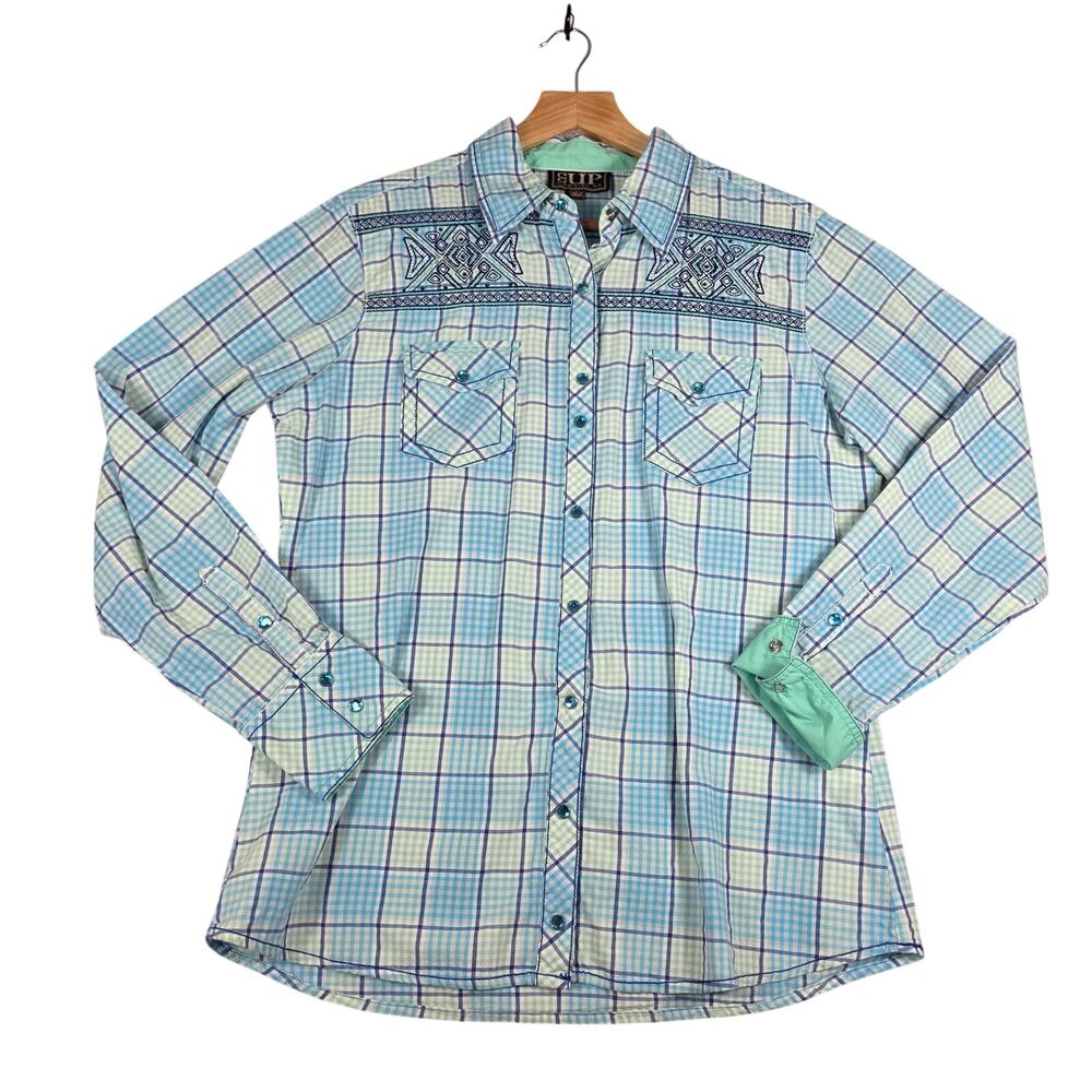 Cowgirl Up Embroidered Blue Plaid Flip Cuff Button Down Shirt